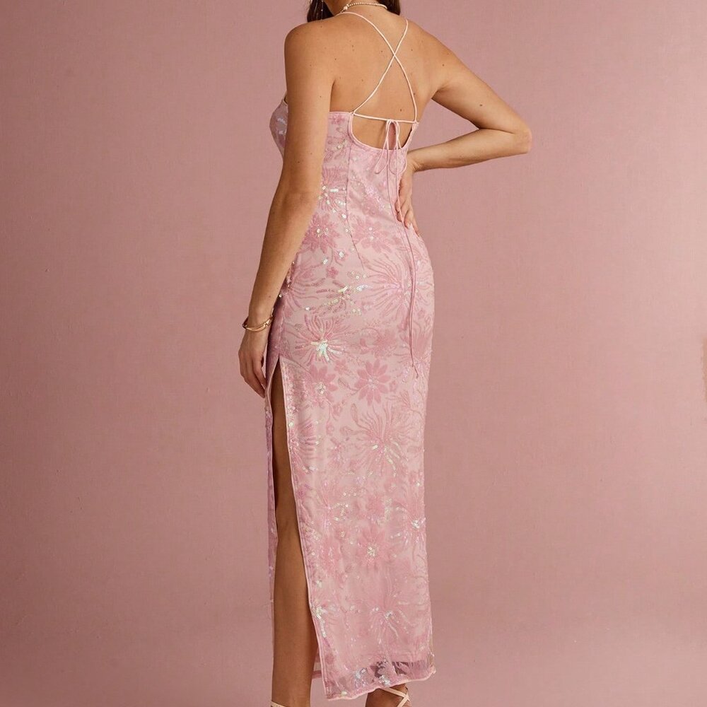 Pink Elegant Women's Pastel Floral Mermaid Maxi Dress - Picture 2 of 7